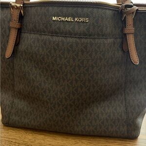 Michael Kors Brown Logo-Print Tote with Gold Hardware
